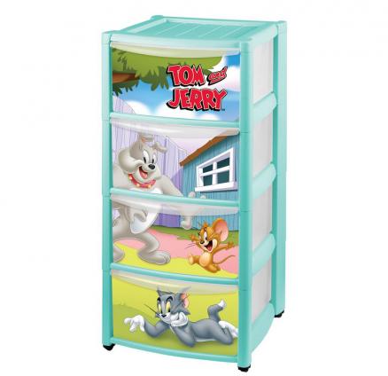 Комод Пластишка Tom and Jerry на колесах 4 ящика с аппликацией Бирюзовый