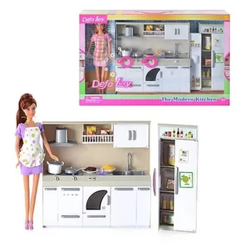Набор Кукла на кухне в коробке кухонный гарнитур(свет)плита,посуд.машина,холодильник,аксес 6085